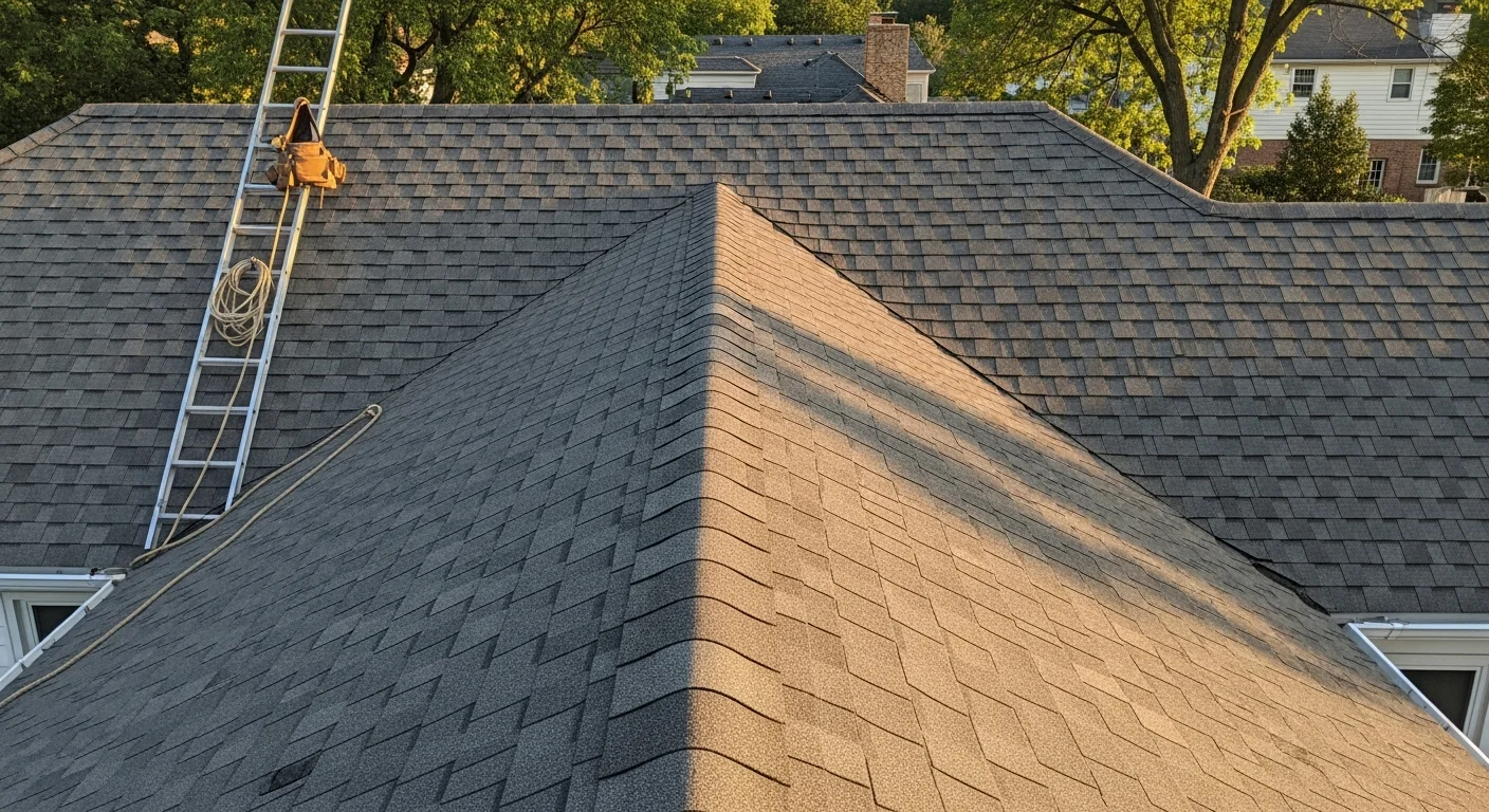 Professional roofer installing residential roofing shingles on a home in Columbus