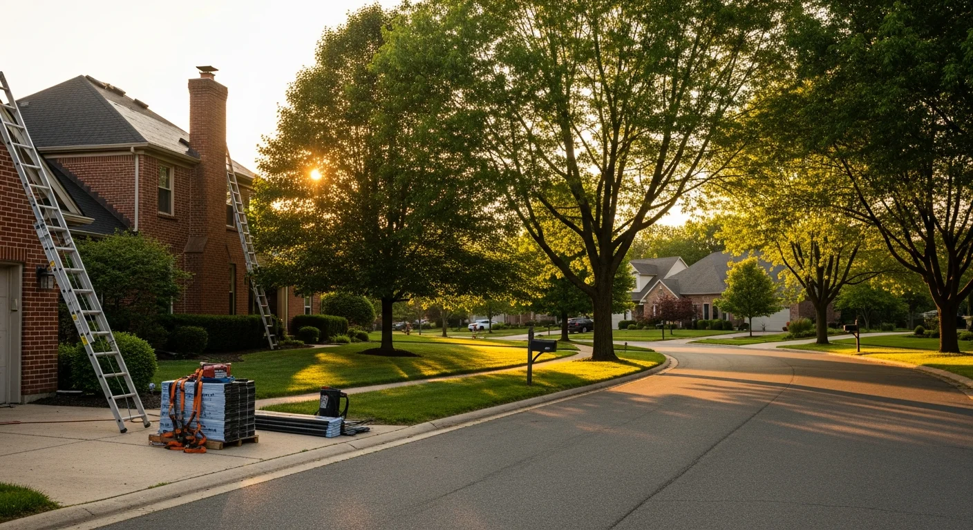 New residential subdivision in Hilliard with brick homes and manicured lawns along a tree-lined street.