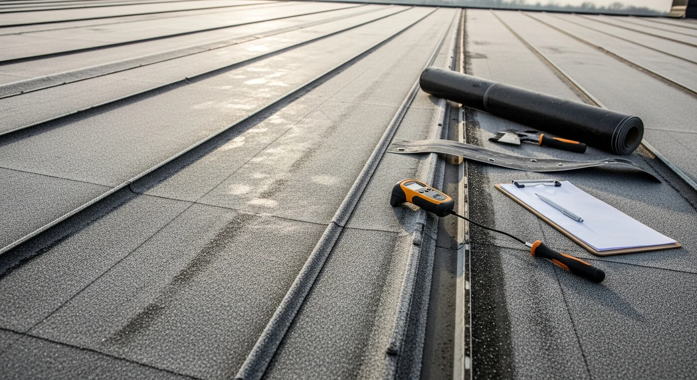 A commercial flat roof on a Central Ohio business park building showing a completed low-slope roofing installation with clean membrane seams and drainage points. The surrounding area reflects Central Ohio's suburban commercial landscape.