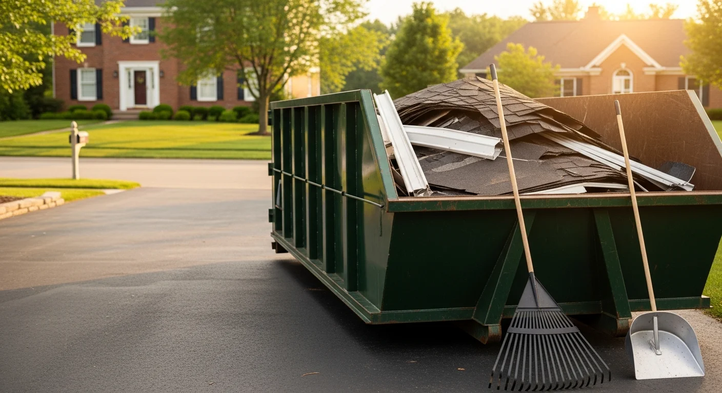A roll-off dumpster placed in a residential driveway in Hilliard, Ohio, filled with old roofing shingles and gutter sections removed during an exterior replacement project. The home's roofline and new gutter installation are visible in the background.