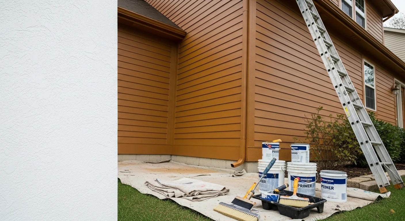 A freshly painted two-story home exterior in Hilliard, Ohio, showing clean siding and trim with an even coat of paint. The home sits in a residential neighborhood typical of the Hilliard area, with visible siding and front-facing architectural details.