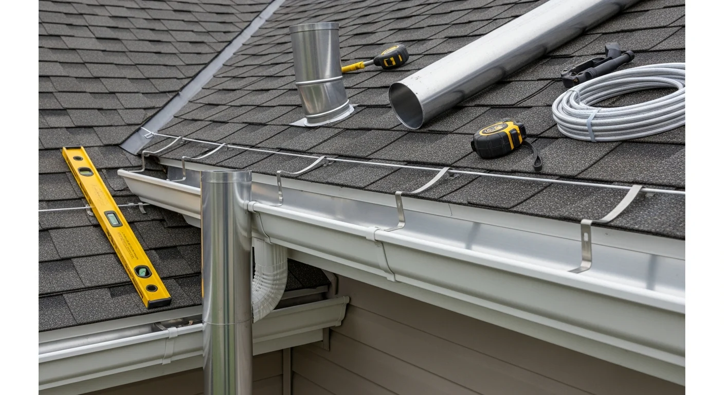 Newly installed gutters running along the roofline of a two-story residential home in Hilliard, Ohio. Downspouts extend along the exterior wall and direct water away from the foundation toward the yard.