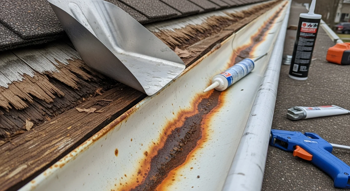A repaired residential gutter system on a Hilliard, Ohio home, showing a straight, properly pitched aluminum channel reattached to the fascia with no visible sagging or separation. A downspout runs cleanly along the exterior wall toward a ground-level drainage point away from the foundation.