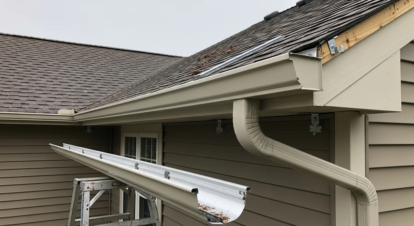 New gutters installed along the roofline of a single-family home in Hilliard, Ohio, with a downspout running cleanly to grade level. The old sectional system has been removed and the fascia board is visible and intact behind the new run.