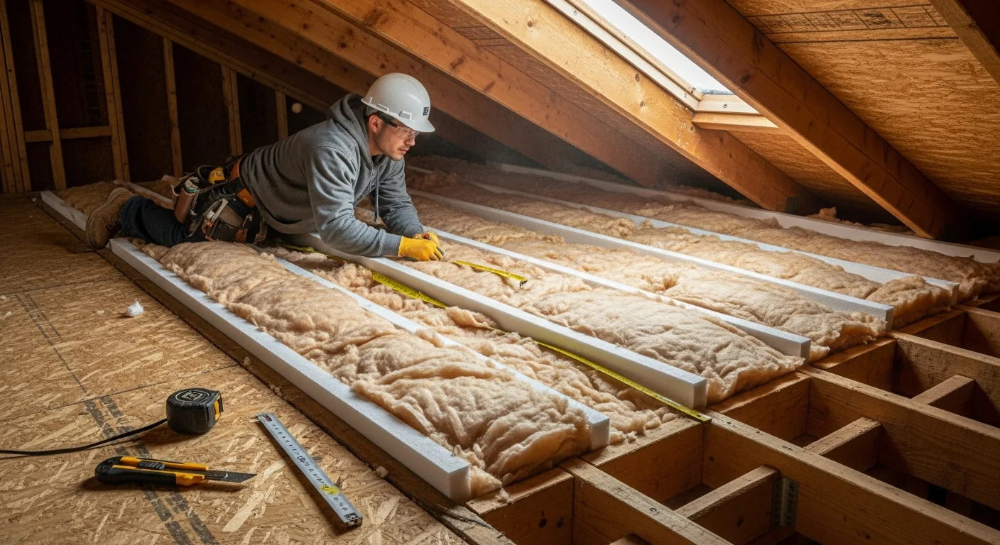 A Hilliard, Ohio home attic with freshly installed insulation covering the floor joists and surrounding the attic hatch. An Upside Roofing and Siding crew member in work gear is visible completing the installation.