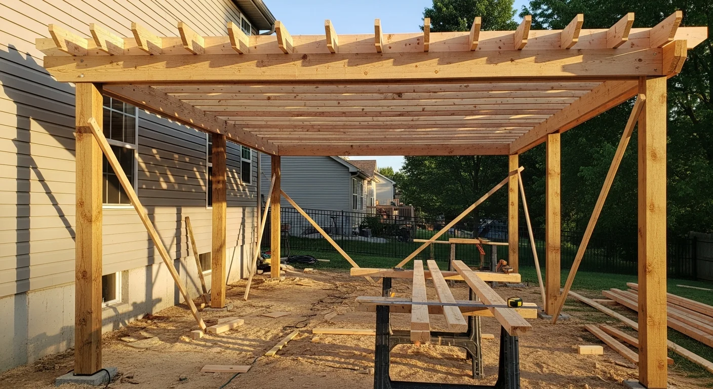 A custom wood-framed pergola attached to the back of a two-story Hilliard, Ohio home, with open overhead rafters and a concrete patio below. The structure is sized to cover an outdoor seating area and is finished to match the home's exterior trim color.
