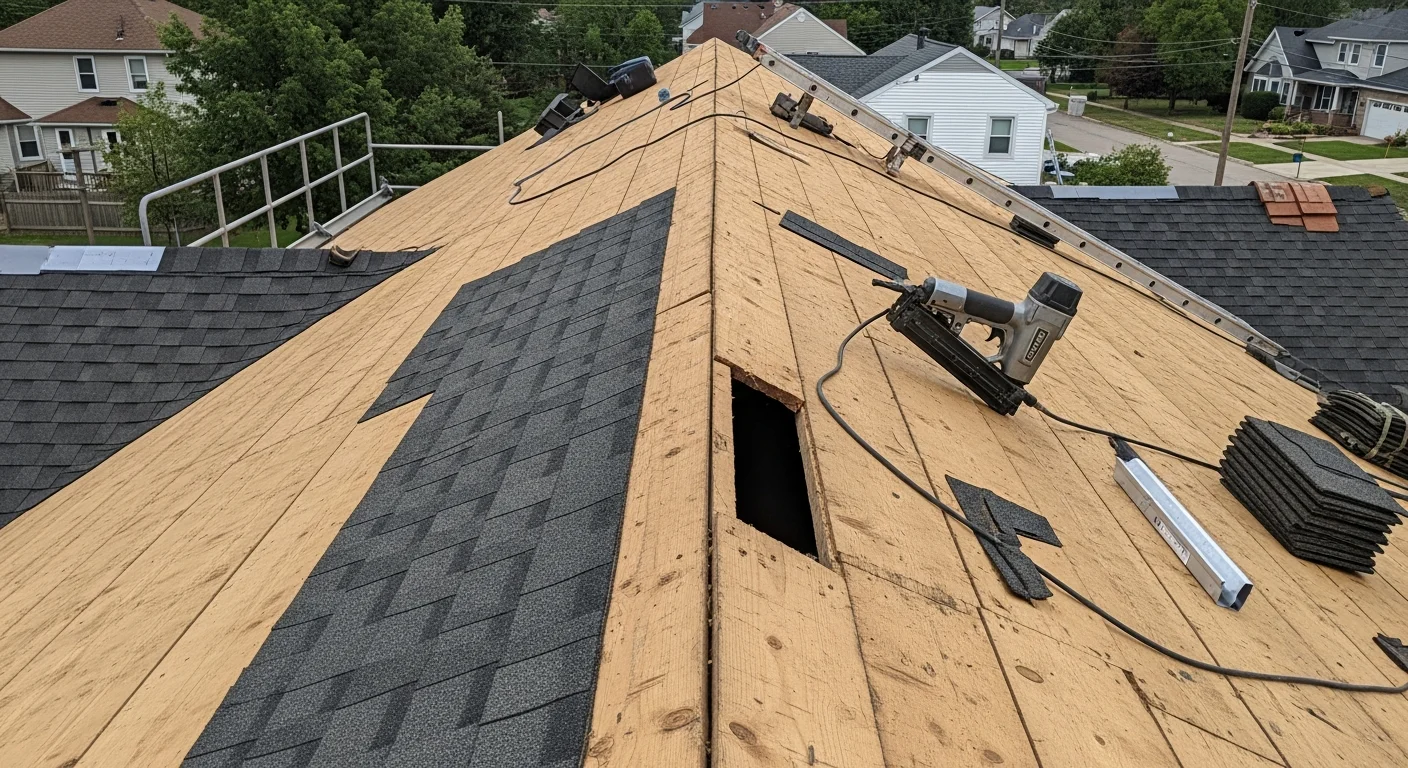 A completed residential roof replacement on a two-story home in Central Ohio, showing uniform new shingles, clean ridge lines, and finished flashing details around the chimney. The surrounding neighborhood and mature trees are visible in the background.