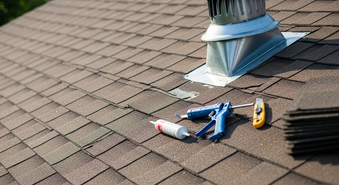 A roofing contractor from Upside Roofing & Siding repairing damaged shingles on a two-story residential home in Hilliard, Ohio. Close-up view shows replaced shingles and resealed flashing along the roofline against a partly cloudy Ohio sky.