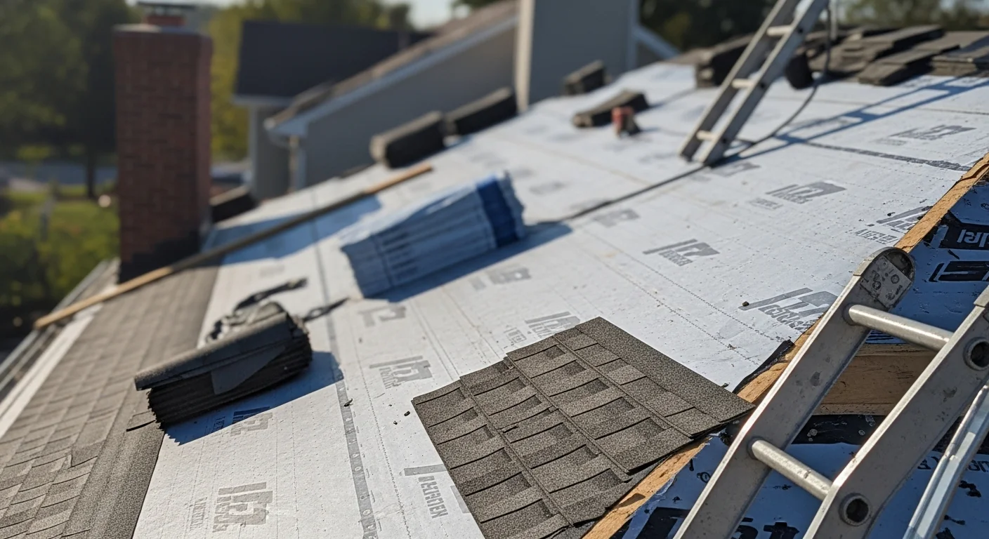 A completed residential roof replacement on a two-story Hilliard, Ohio home, showing new shingles, clean ridge line, and updated flashing around the chimney. The finished roof sits against a clear Ohio sky with the home's siding and gutters visible below.