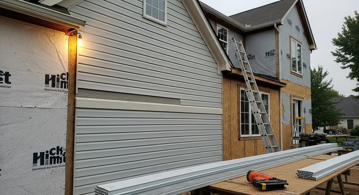 A Hilliard, Ohio home with freshly installed siding showing clean panel lines and updated trim along the front and side elevations. The completed exterior replacement is photographed from the street, showing the full facade against a residential neighborhood backdrop.