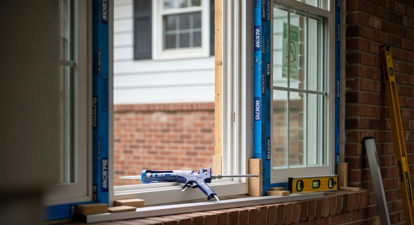 A Hilliard, Ohio single-family home with newly installed double-hung windows, showing clean frames and fresh exterior trim against a brick facade. A crew member applies finishing sealant around the window perimeter on a clear Ohio day.